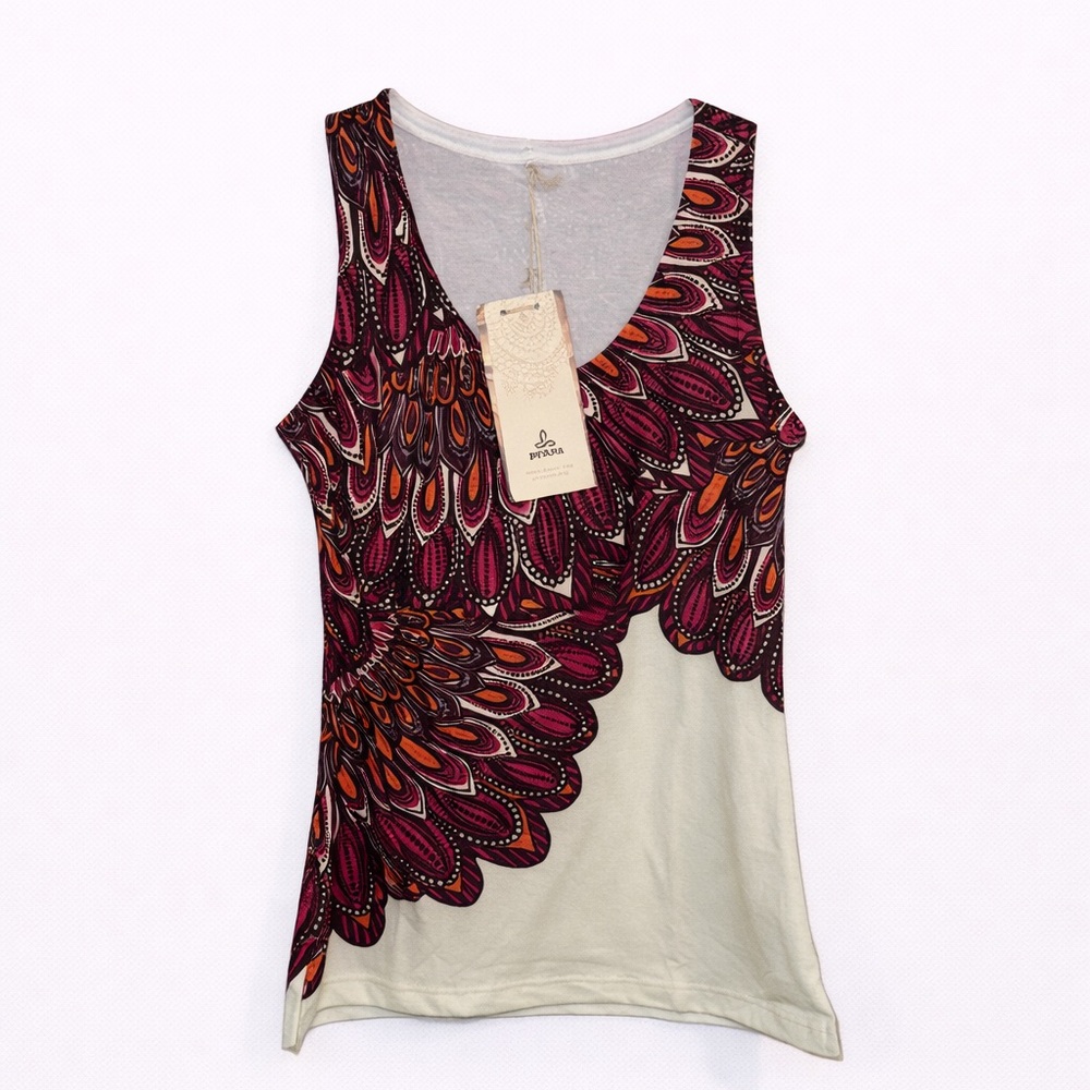 🦚 NWT Prana Malina Tank Top XS Winter Feather Print V-Neck Yoga Boho